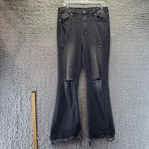 Risen Jeans Womens 32/15 Black Distressed Flare Leg High Rise Frayed Hem Denim
